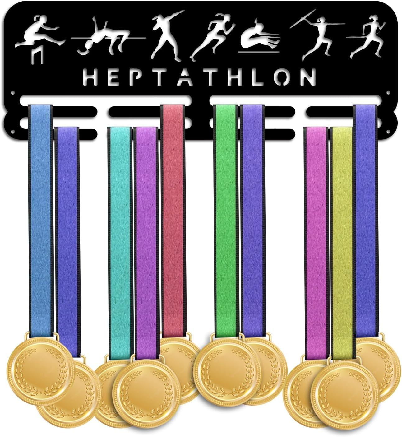Medal Display Hanger Holder Heptathlon Pattern Medal Holder 15.7" Awards Ribbon Hanger Medal Display Wall Rack Sports Medal Hanger Display for Sports Athletes Awards Ribbons Cheer Making DIY