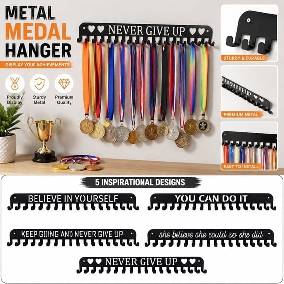 Medal Display Hook Rack, Metal Storage Rack, Wall Mounted Hat Rack, Wall Hook Rack, 14X2 Inch "Believe in Yourself" Letter Engraved Metal Medal Hanger, Wall Mounted Medal