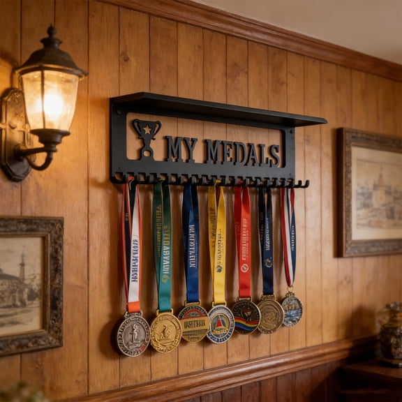 Medal Display Rack Wall Mount,Iron Trophy Holder with Hooks and Shelf for Sports Awards Gymnastics Soccer Football Basketball,Practical Wall Storage for Home Office School and Event Showcases-Black