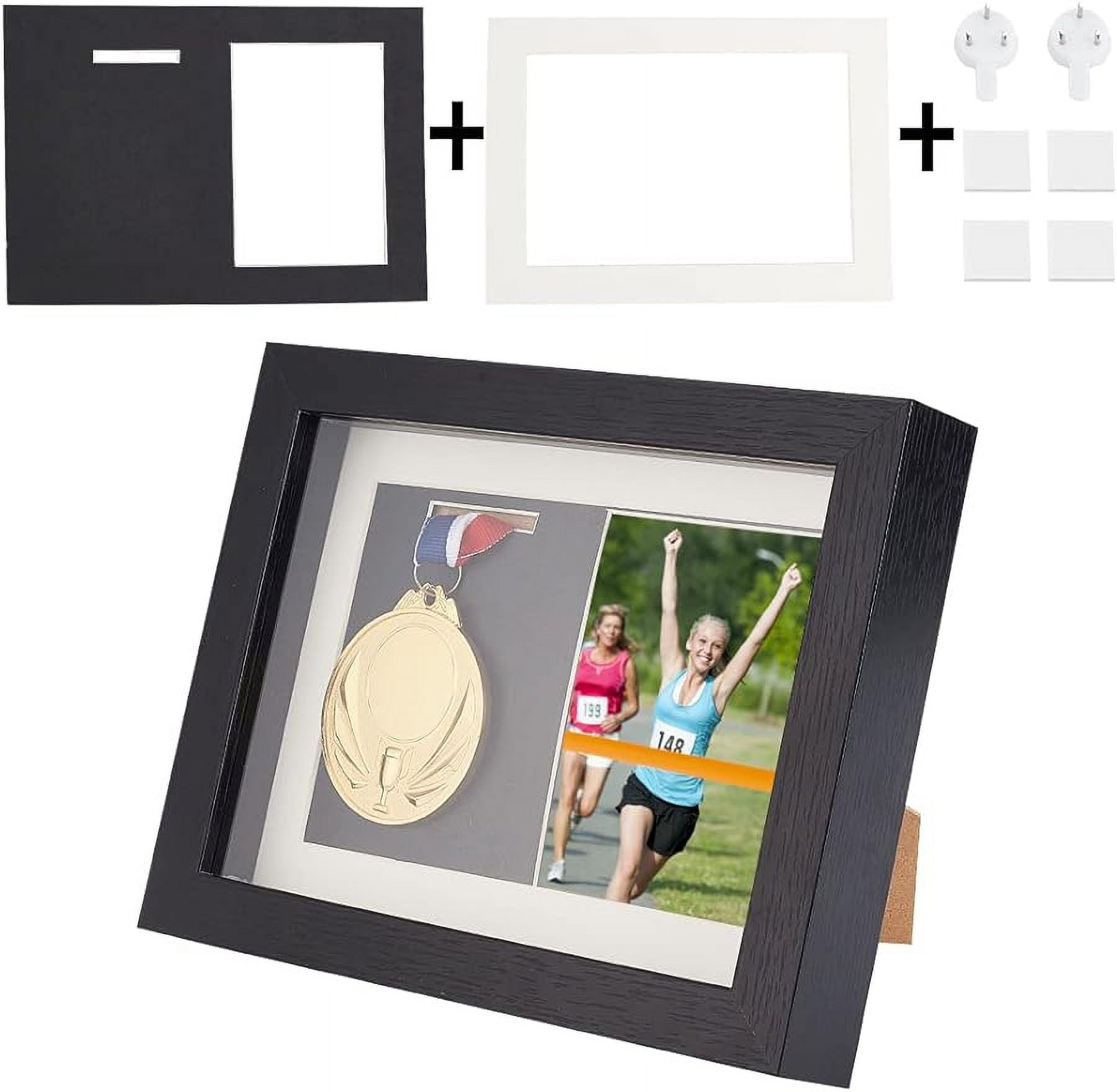 WANLIAN Walnut Wood Medal Display Case - Shadow Box Frame For 2 Medals, Awards, Pins & Badges | Wall Or Desk Mount