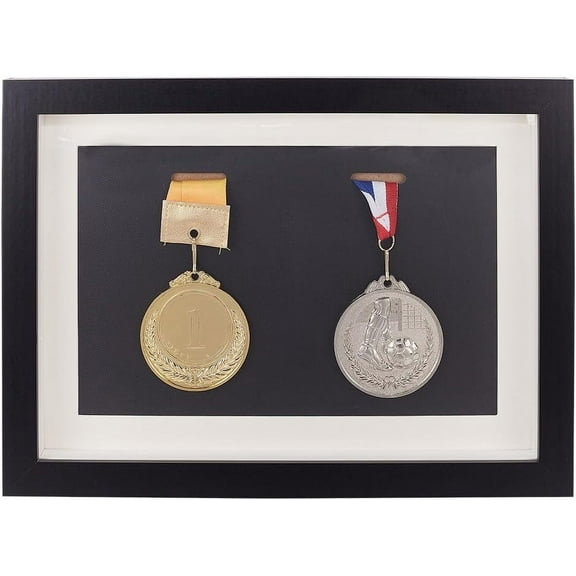 Medal Display Shadow Box Frame Black 12.8x9.4 in Solid Wood Matted Picture Photo Frame Stand Rectangle for DIY Table Top Display and Wall for DIY Runners Soccers Basketball Football Swimmer