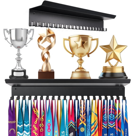 West Bay Metal Medal Hanger Display, Trophy Shelf Rack with 20 Hooks, Non-Slip,Wall Mount, Heavy Duty Holds 22-33 lbs