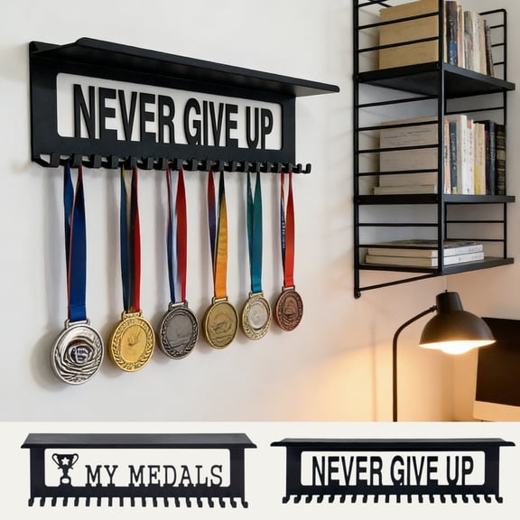 Medal Hanger Display Rack with Trophy Shelf – Wall Mount Iron Medal Holder for Sports, Running, Gymnastics, Soccer, Football, Basketball