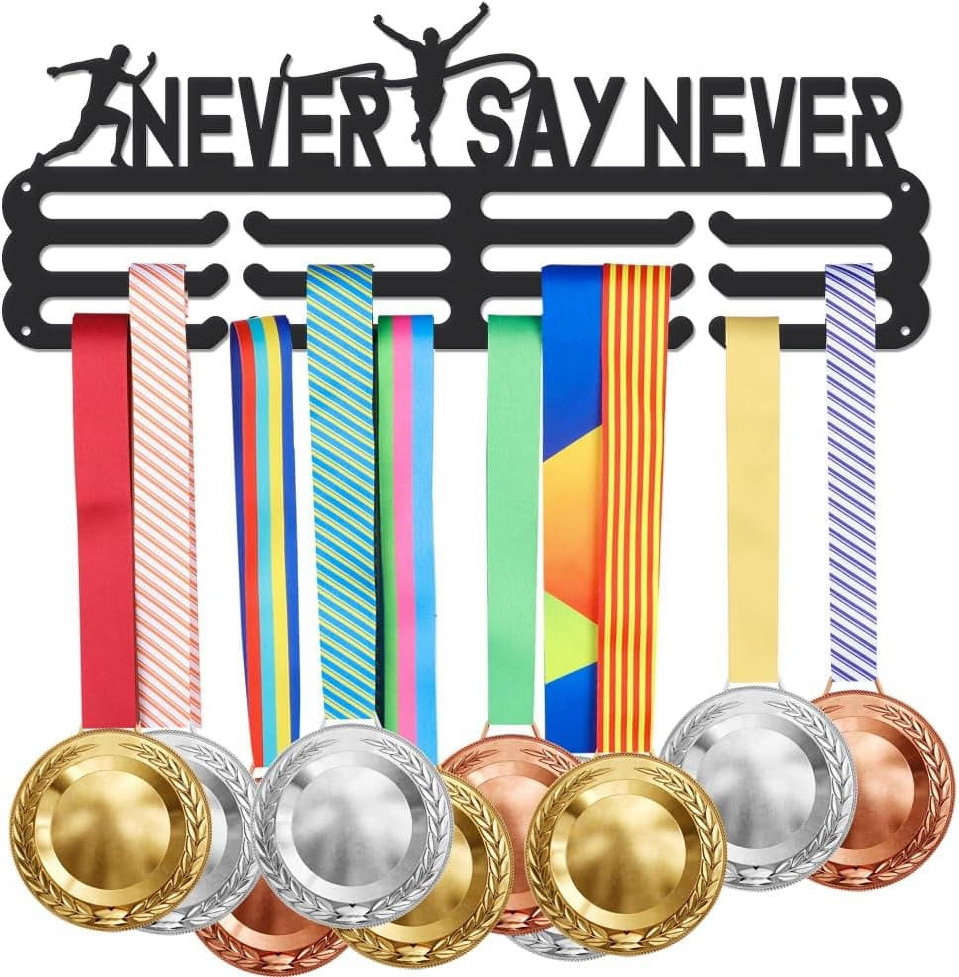 Medal Hanger Display Running Medal Holder Awards Holder Metals Ribbon Display Stainless Steel Medal Holder Never Say Never Sports Medal Hanger Display Award Ribbon Holder for Athletes Black 1set