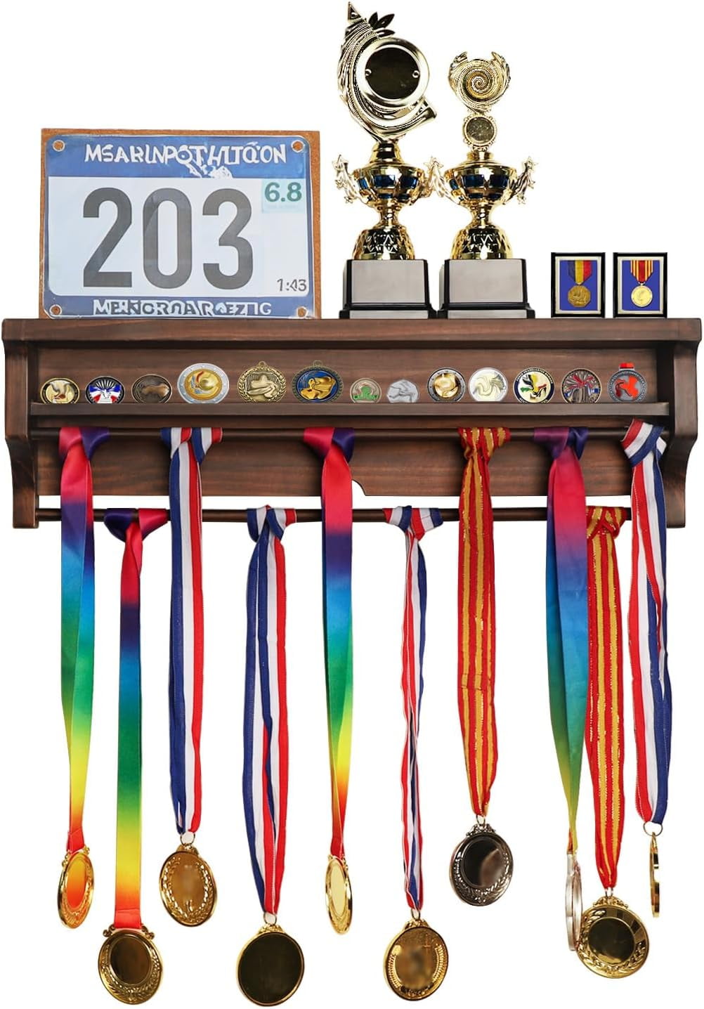 PKHROR Trophy & Medal Display Shelf Wall Mount - Wooden Race Bib Board & Hooks For Sports Awards