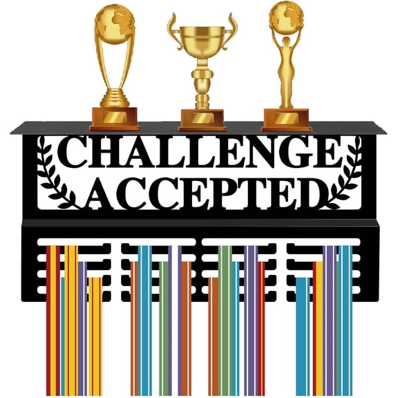 Medal Hanger Display Trophy Shelf Challenge Accepted Medal Holder with Shelf Stand Sports 4 Rows Metal Hanging Wall Mount Hold 70+ Medals