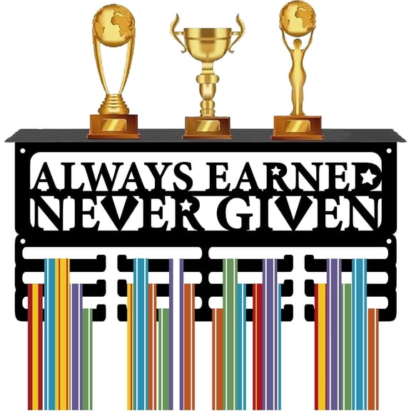Medal Hanger Display Trophy Shelf Medal Holder with Shelf Stand Sports 4 Rows Metal Hanging Wall Mount Frame Hold 70+ Medals for Ribbon Medals Rack 15.7x7.9Inch-Always Earned Never Given for making