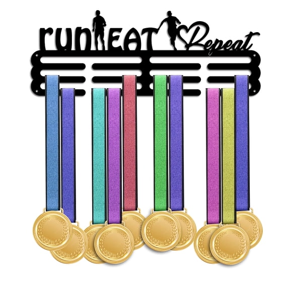 Medal Hanger Holder Display Run Eat Repeat Medal Holder Display Hanger Rack Wall Mount Award Running Medals Display Black Medal Hook for Over 50 Medals 15.7x5.9inch DIY