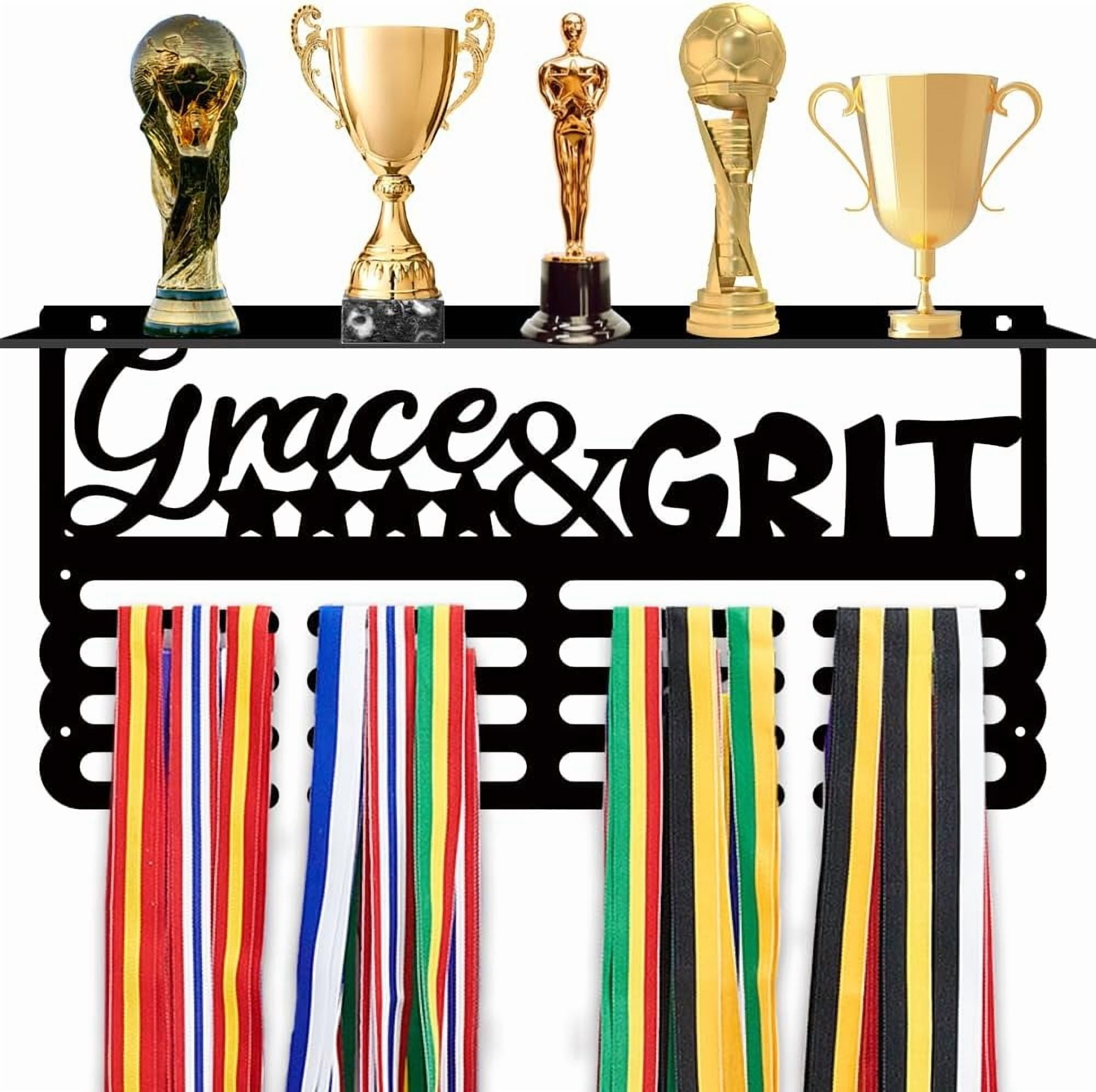 Medal Holder Display Hanger Grace & Grit Metal Medal Hooks Medal Hanger Display Rack Frame Ribbon Holder Wall Mounted Competition Awards Holder Hanging for 60 Sports Medals Athletes GiftBlack
