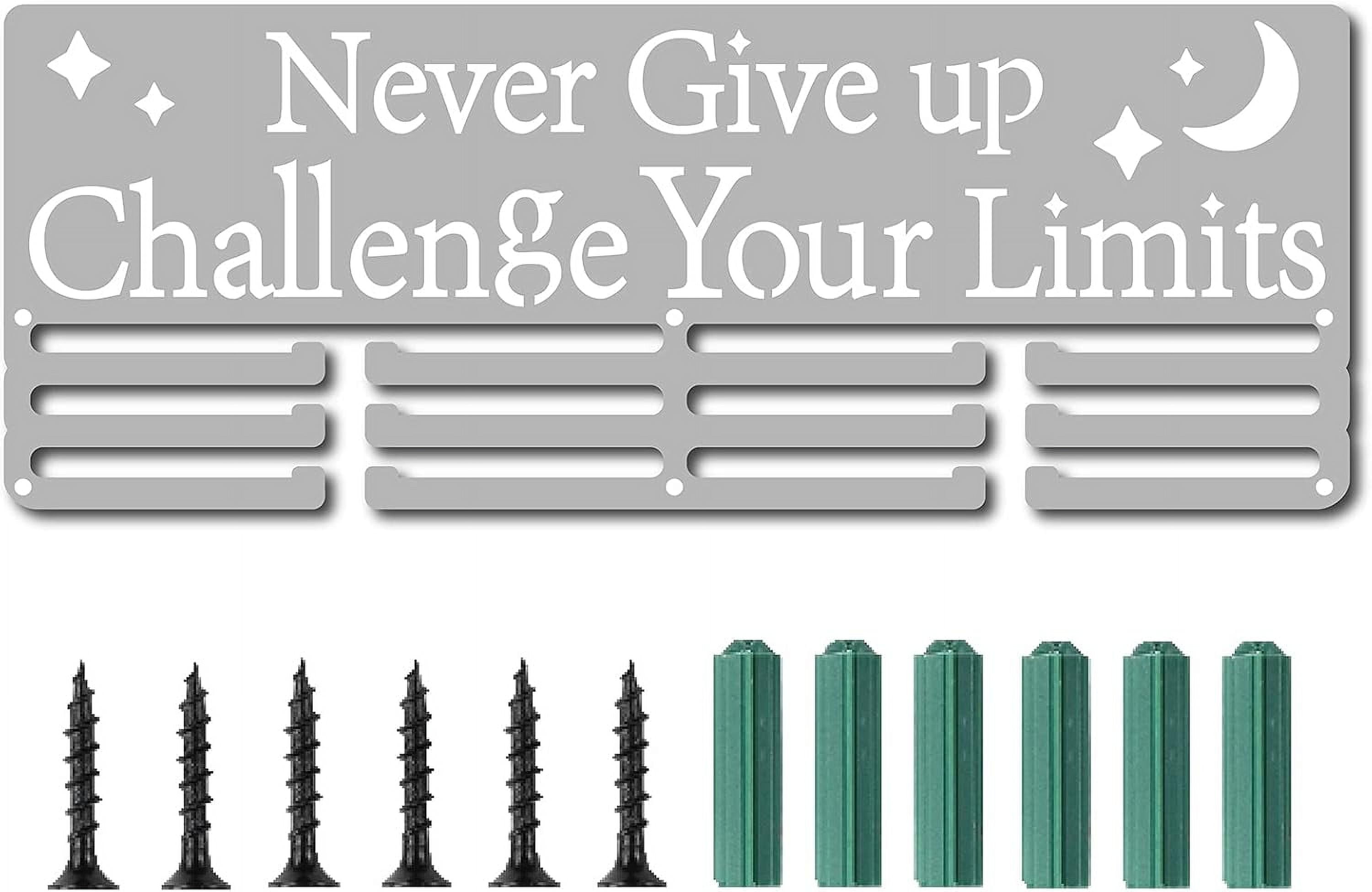 Medal Holder Display Hanger Rack Sports Awards Metal Wall Mounted Never Give Up Challenge Your Limits for Athletes Champions Players Gymnastics Over 60 Medals Platinum 15.7 x 5.9inch Platinum