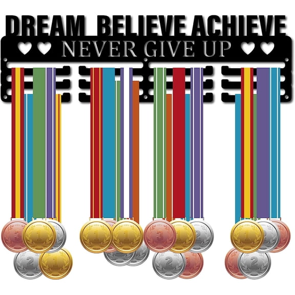 Medal Holder Display Hanger Rack Sports Dream Believe Achieve Never Give Up Metal Iron Wall Mount for Race Runner Players Gymnastics Swimming Running Over 60 Medals Black