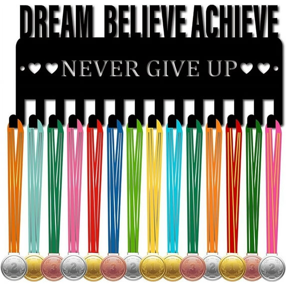 Medal Holder Display Hanger Rack Sports Metal Wall Mount Small Decor with 20 Hooks for Race Runner Players Gymnastics Gymnast Black 11.4 x 5.1 Inch-Dream Believe Achieve Never Give Up