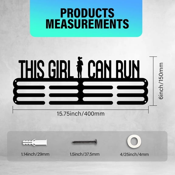 Medal Holder This Girl Can Run Medal Hanger Display Rack Hanger Awards Ribbon Cheer 3 Lines Sport Award Rack Wall Mount Metal Frame for Over 50 Medals Necklace Jewelry 15.75 Inch/40cm