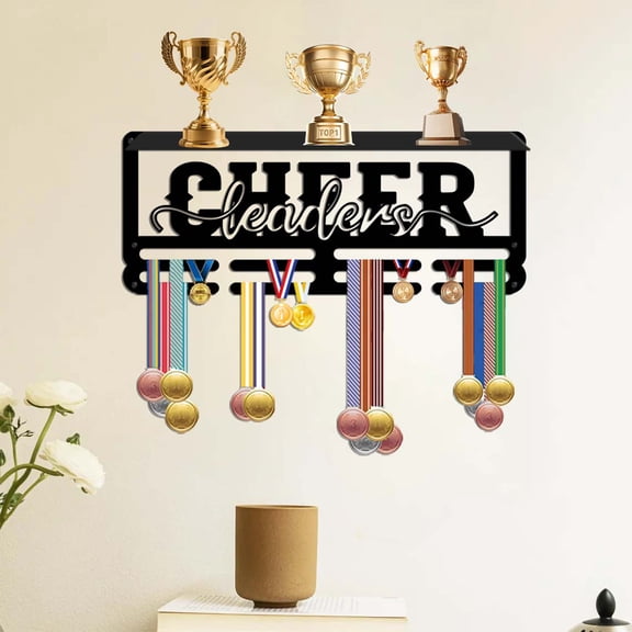 Medal Holder Iron Cheerleaders 1 Pack Wall Mounted Medal Display Rack with Top Shelf Black Metal Wall Decor for Competition Cheerleading Medal Storage Great Gift for Cheer Athletes