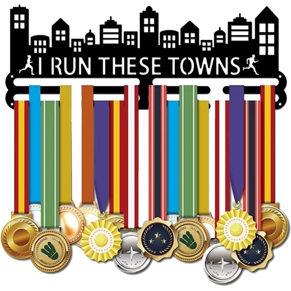 Medal Holder - Running Marathon Display With Motivating Word 'I Run These Towns' - Black Iron Wall Mounted Hooks for Competition Medals - Wall Hanging Metal Black