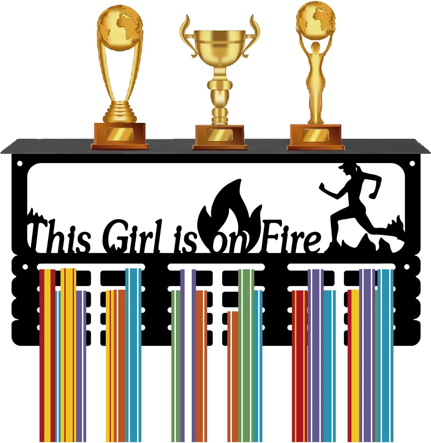 Medal Holder Trophy Shelf Display with Shelf Stand Sports 4 Rows Wall Mount Hold 70+ Medals DIY for Gymnastics Running Swimming Awards Rack 15.7 x 7.9 Inch-This is on Fire