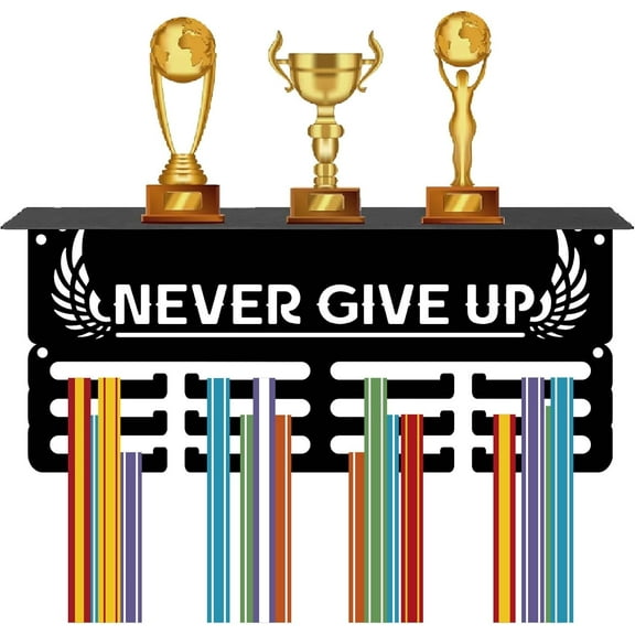 Medal Holder Trophy Shelf Medal Hanger Display Hanging Awards With Shelf Stand 3 Lines Design Hold 70+ Medals Sports Running Cycling Football for DIY Winner Medalist 11.4x5.1 Inch-Never Give Up