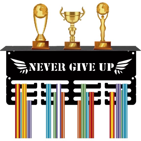 Medal Holder Trophy Shelf Medal Hangers Display with Shelf Stand Small Sports 4 Rows Wall Mount Hold 70+ Medals for Gymnastics Soccer Running Swimming Awards Rack 11.4x5.1Inch-Never Give Up 1set