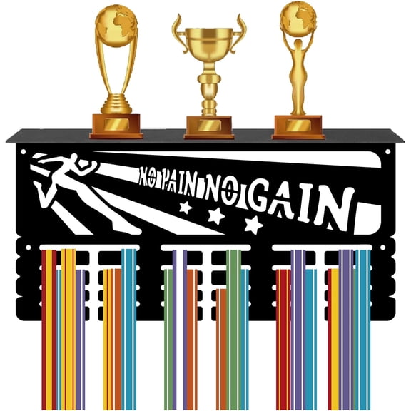 Medal Holder Trophy Shelf Medal Hangers Display with Shelf Stand Sports 4 Rows Wall Mount Hold 70+ Medals for Gymnastics Soccer Running Swimming Awards Rack 15.7 x 7.9 Inch-NO PAIN NO GAIN Black