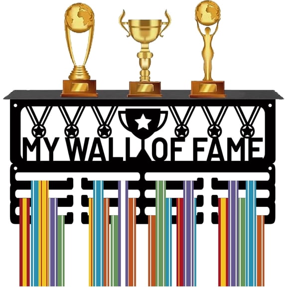 Medal Holder with Shelf Medal Hanger Display Trophy Shelf Stand Sports 4 Rows Metal Hanging Wall Mount Frame Hold 70+ Medals