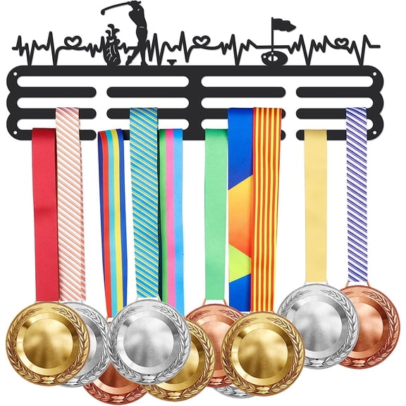 Medal Hook with Golf Metal Medal Holder Display Wall Rack Frame Shelf Medal Hanger Awards Ribbon Competition Medal Holder with Heartbeat Sturdy Steel Metal Wall Mounted Over 60 Medals for DIY