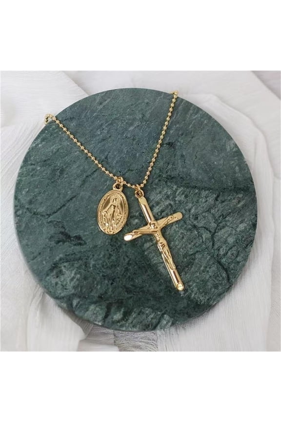 Medal Mary and Cross Crucifix Gold Plated Miraculous Medal Coin Necklace Women