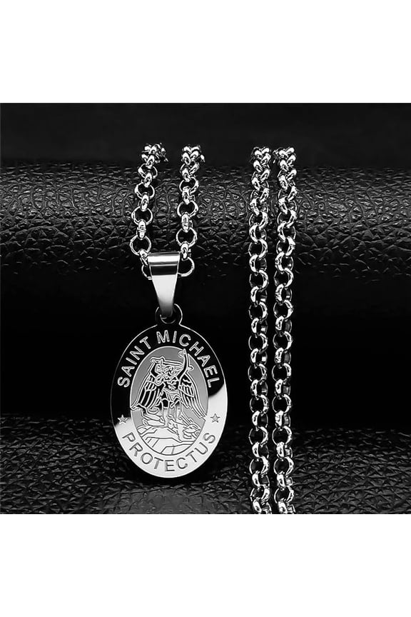 Medal San Miguel Arcanjo Archangel Necklaces 14K White Gold Chain Necklace Saint Michael Emilia Antonio Cayetano Jewelry