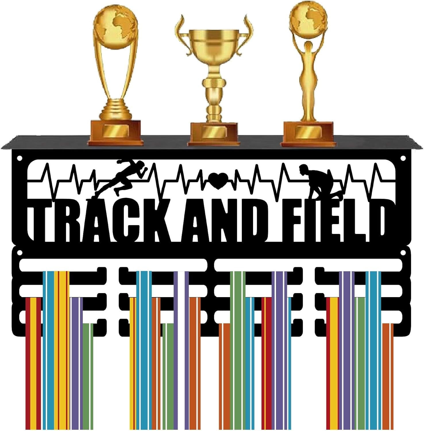 Medal Trophy Display Shelf Track and Field Medal Holder Black Hold 60+ Awards Metal Rectangle Wall Mount Ribbon Rack Hanger Stand for Home Sporter Athletes Medalist Races 15.7 x 7.9 Inch