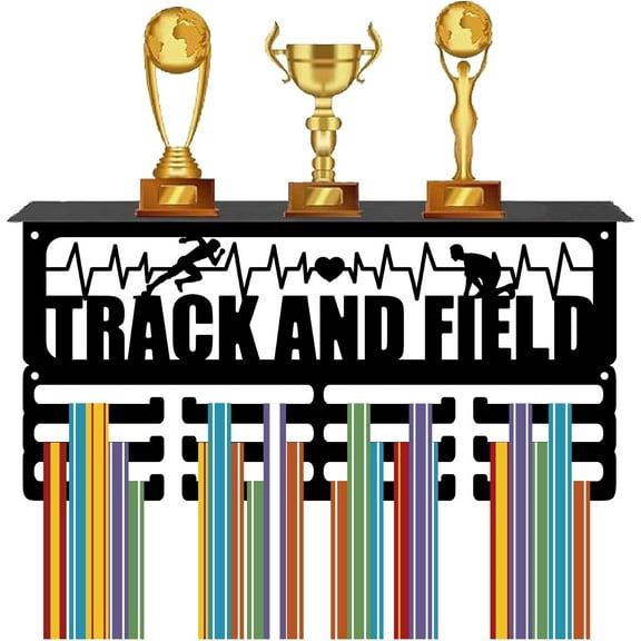Medal Trophy Display Shelf Track and Field Medal Holder Black Hold 60+ Awards Metal Rectangle Wall Mount Ribbon Rack Hanger Stand for DIY