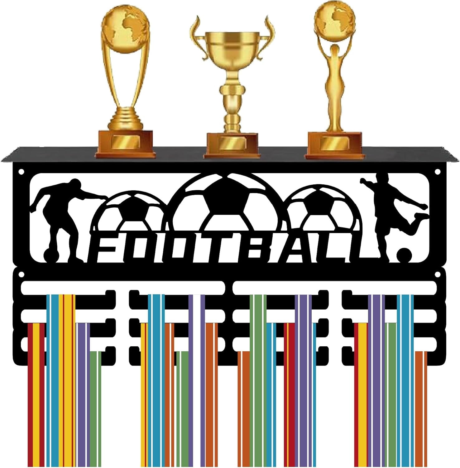 Medal Trophy Holder Football Medal Hanger Display Soccer 3 Rows 12 Hooks Iron Metal Sports Awards Rack with Trophy Shelf 15.7x8x4Inch