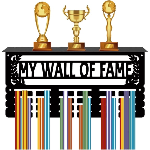 Medal Trophy Holder Medal Hanger Display with Shelf Stand Sports 4 Rows Wall Mount Hold 70+ Medals for DIY Gymnastics Dance Soccer Running Swimming Awards 15.7 x 7.9 Inch-My Wall of Fame