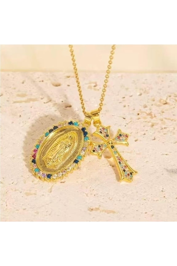 Medal Virgin Mary Cross Crucifix Medallion Coin Scapular Necklace Women