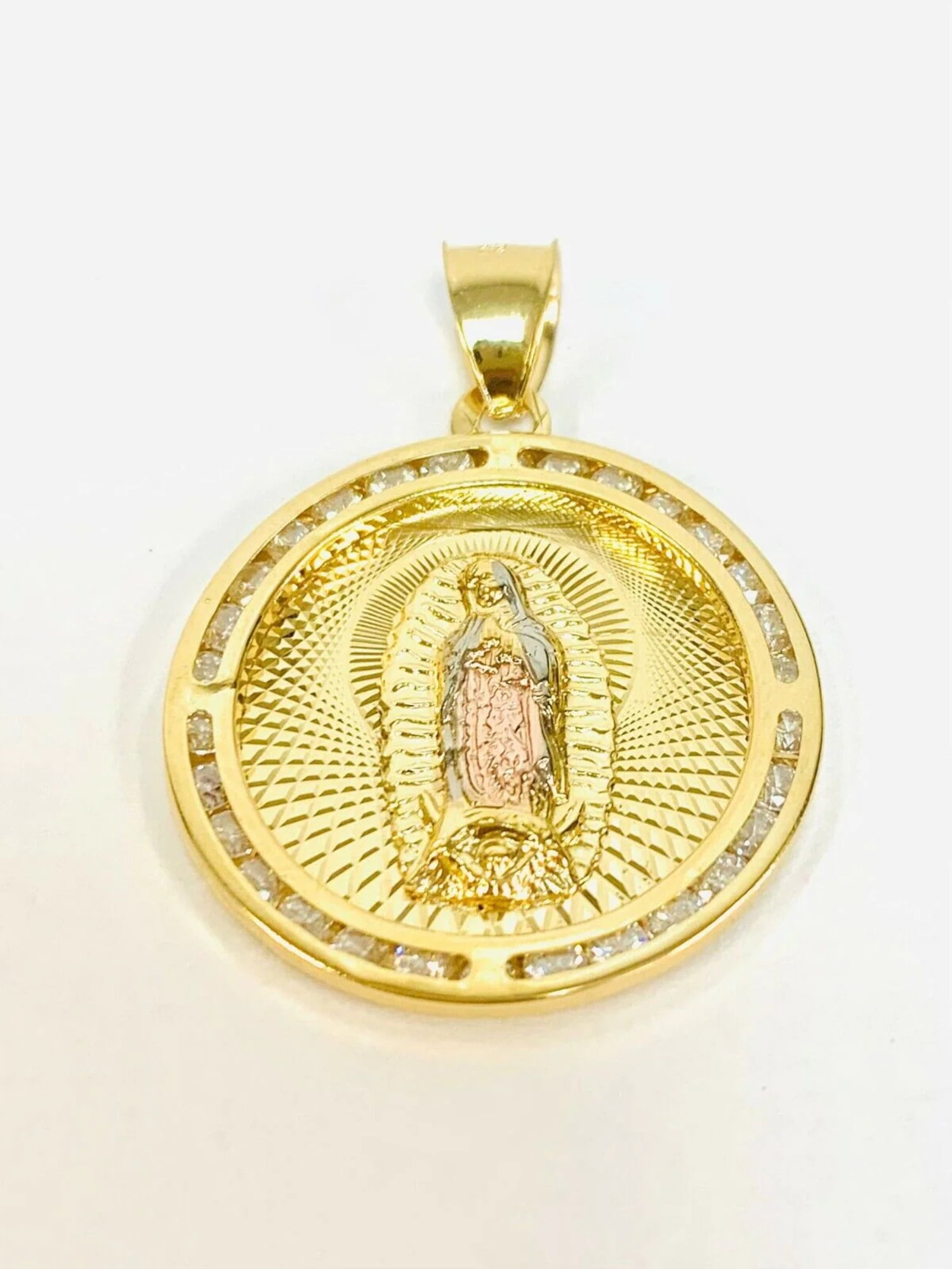 14k Tricolor Gold Guadalupe Virgin with CZ orders Religious Round Pendant