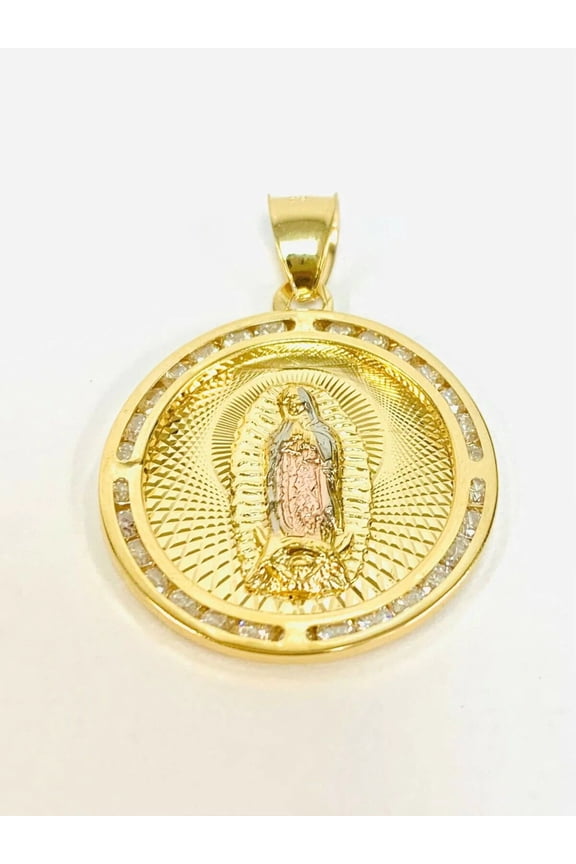 Medalla de la Virgencita de Guadalupe Tres Oros para Mujer y Hombre 28x25 Tri Color Virgen de Guadalupe Pendant Medal CZ Round Pendant Charm