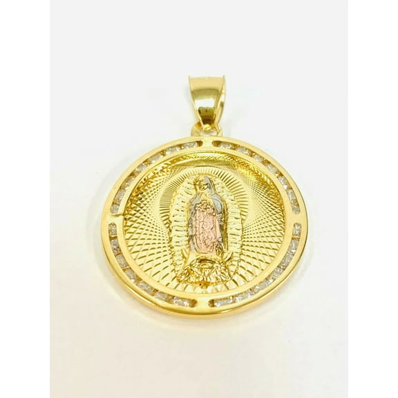 Medalla de la Virgencita de Guadalupe Tres Oros para Mujer y Hombre 28x25 Tri Color Virgen de Guadalupe Pendant Medal CZ Round Pendant Charm