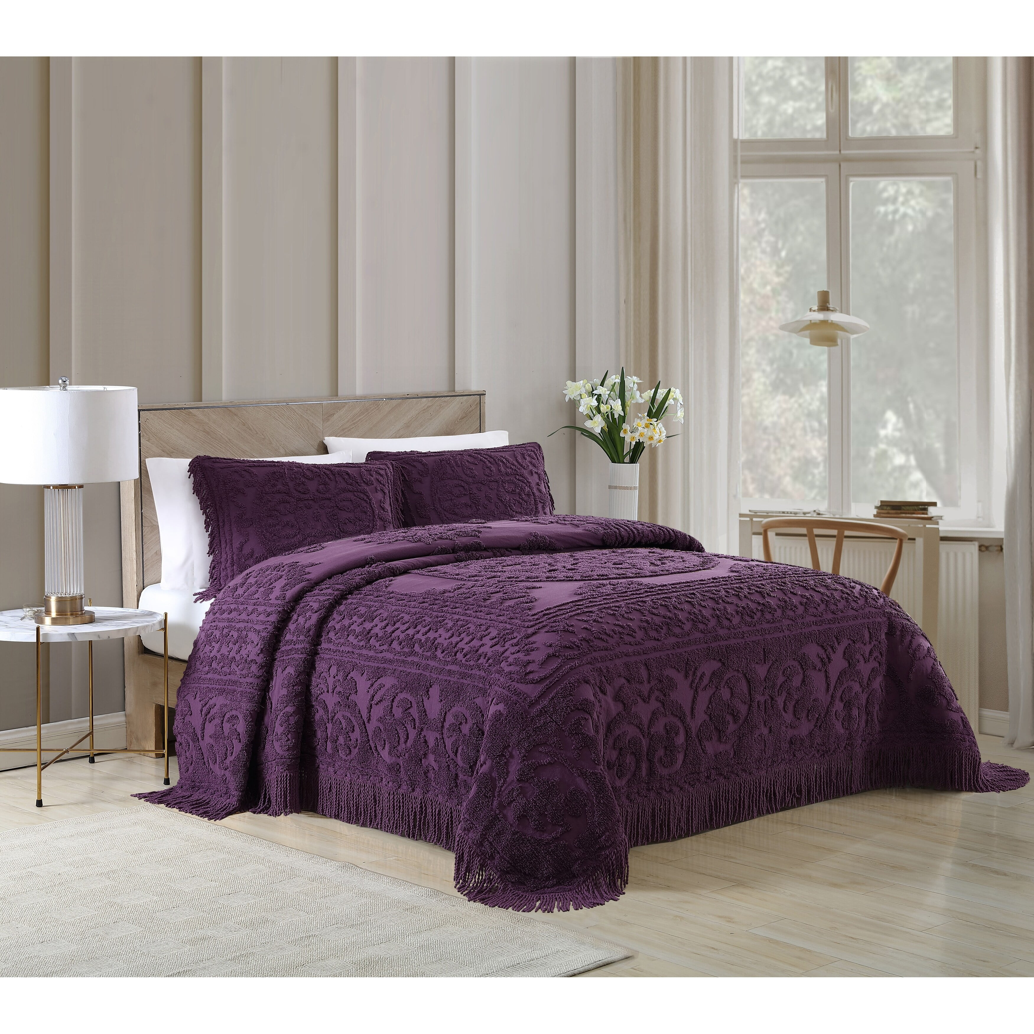 Medallion Chenille Bedspread. Eggplant Queen