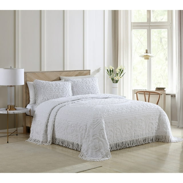 Medallion Chenille Bedspread. White King
