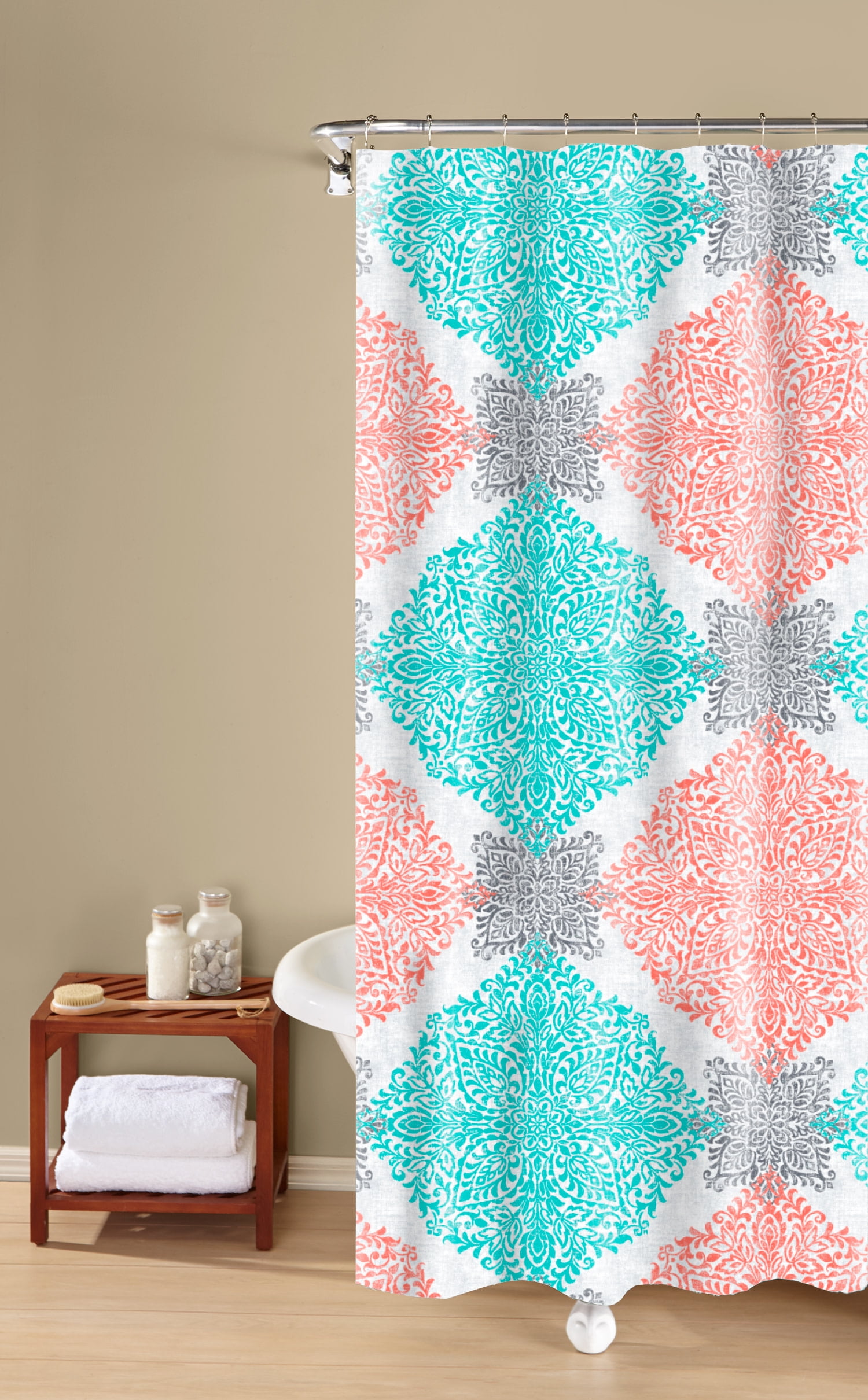 Medallion Fabric Shower Curtain, Coral and Aqua, Peach & Oak