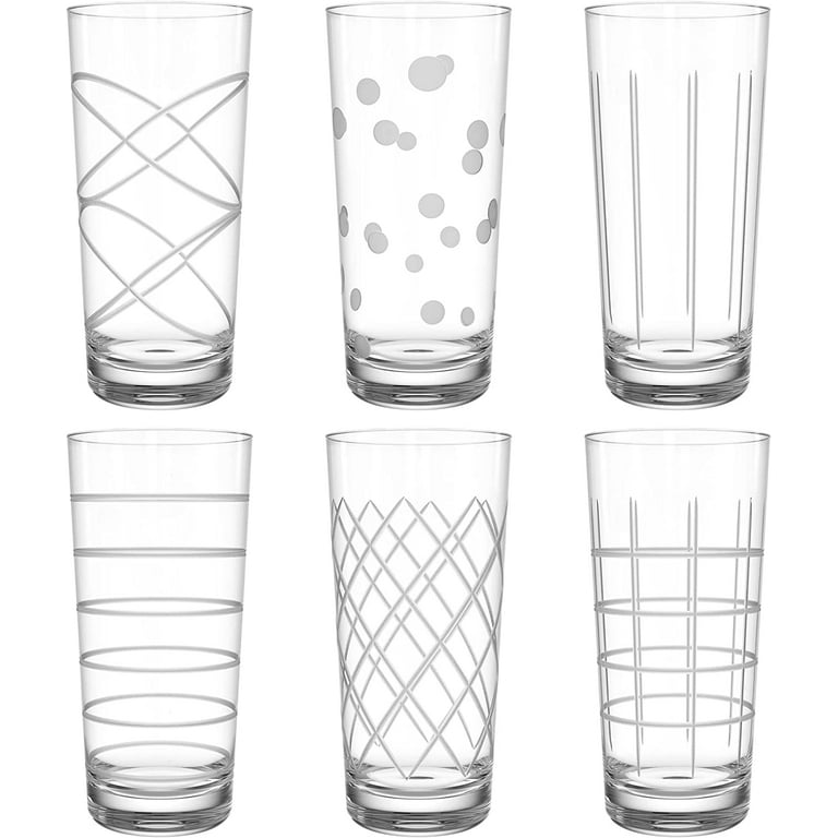 Medallion Highball Glass Set of 6, 16 oz, Durable Glasses, Etched