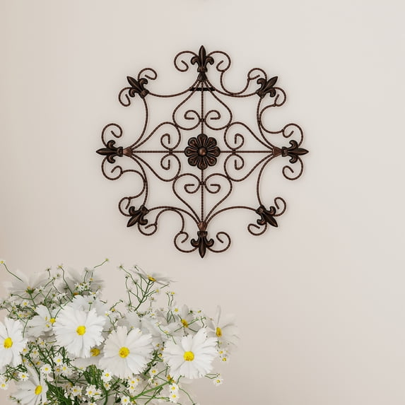 Medallion Metal Wall Art- 14.25 Inch Square Open Edge Metal Home Decor, Hand Crafted with Distressed Finish- Mounting Screws Included by Lavish Home