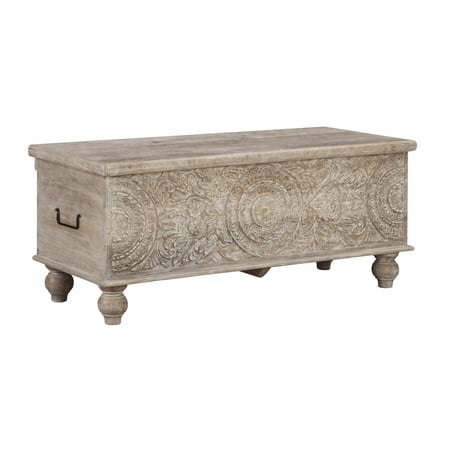 Medallion Pattern Wooden Storage Bench Hinged Opening Antique White Black - Saltoro Sherpi