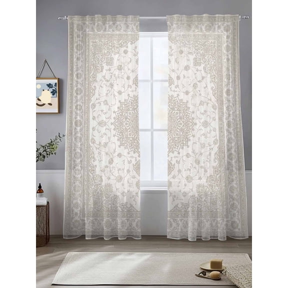 Medallion Sheer Curtains 108 inches Long, Rustic Vintage Aesthetic Abstract Beige Floral Border Light Filtering Sheer Window Curtains Rod Pocket Voile Drapes for Bedroom Living Room, 2 Panels