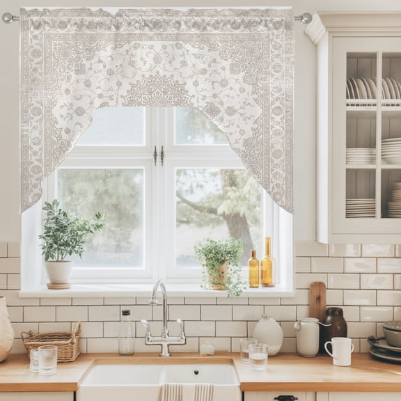 Medallion Swag Valance for Windows, Rustic Vintage Aesthetic Abstract Beige Floral Border Swag Curtains Valances for Small Window Treatment Rod Pocket for Kitchen Bathroom 1 Panel 56x36in