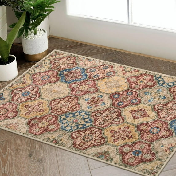 Medallion Throw Entryway Rugs Indoor, 2x3 Red Washable Kitchen Rugs Non Slip Entry Rugs for Inside House, Framhouse Floral Doormat Non-Shedding Small Area Rugs for Bedroom Entryway Bathroom