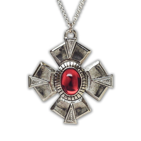 Medallion with Red Cabochon Medieval Renaissance Silver Finish Pendant Necklace by Real Metal NK-531