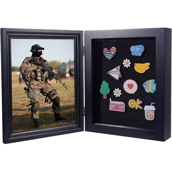 Medals Display Case Frame Wooden Pin Display Frame Rectangle Black Memorabilia Photo Badge Storage
