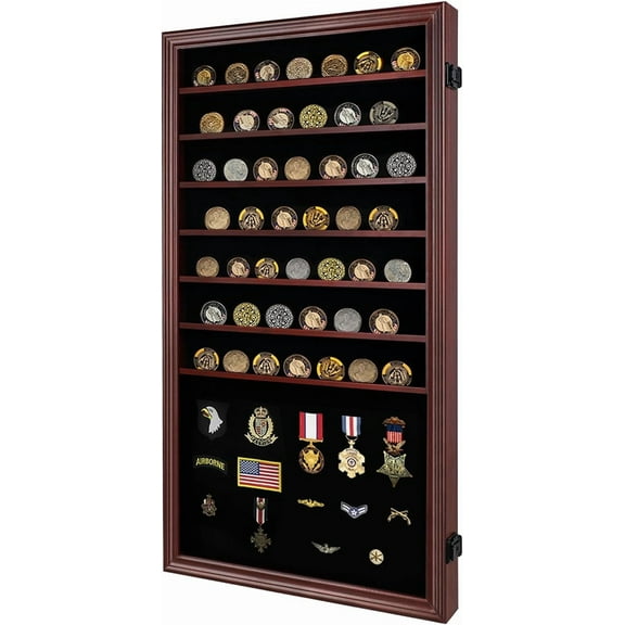 Medals Display Case - Military Challenge Coin Display Shadow Box - Mahogany