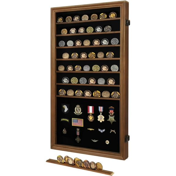 Medals Display Case - Military Challenge Coin Display Shadow Box - Overized Walnut