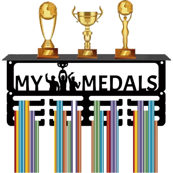 My Medals Hanger Display with Trophy Shelf Medal Holder Hanger Sports Medal Wall Mount Stand Black Metal Trophy Holder Medal Organizer Awards Rack for Gymnastics Race Soccer 11.4x5x4Inch Brown