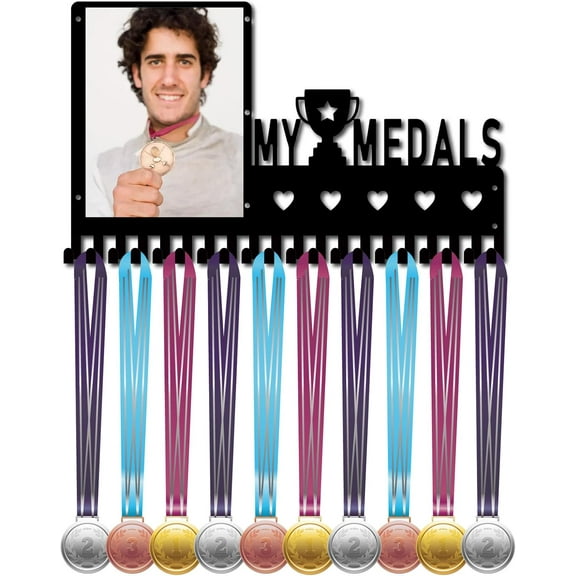 My Medals Medal Hanger Display Trophy Medals Holder Rack with Photo Frame Metal Sports Hanging Athlete Awards Wall Mount with 20 Hooks for DIY Football Running Ribbon Medals Black 16.5x9.8Inch
